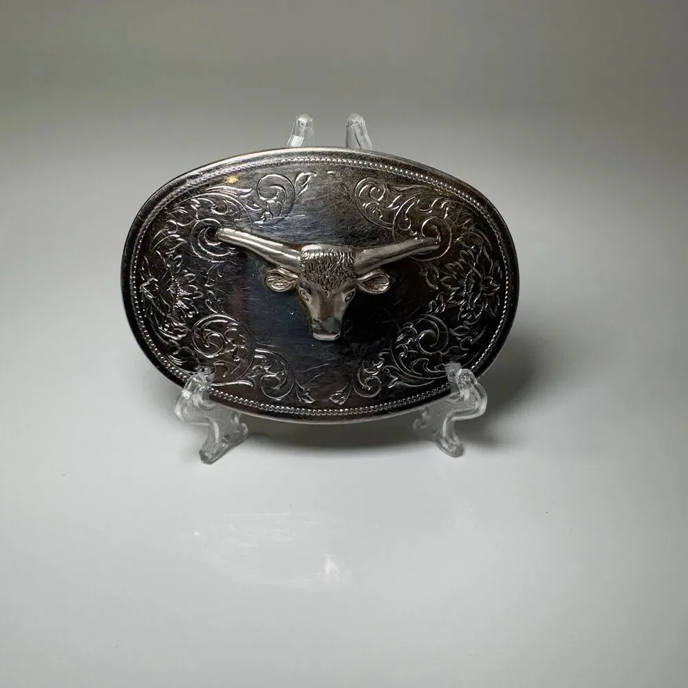 Western Style Belt Buckle Silver Longhorn Steer Head Engraved Base Aztec Style